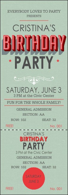 Birthday Party Green Reserved Event Ticket Product Front