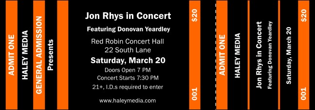 Orange and Black Color General Admission Ticket Product Front